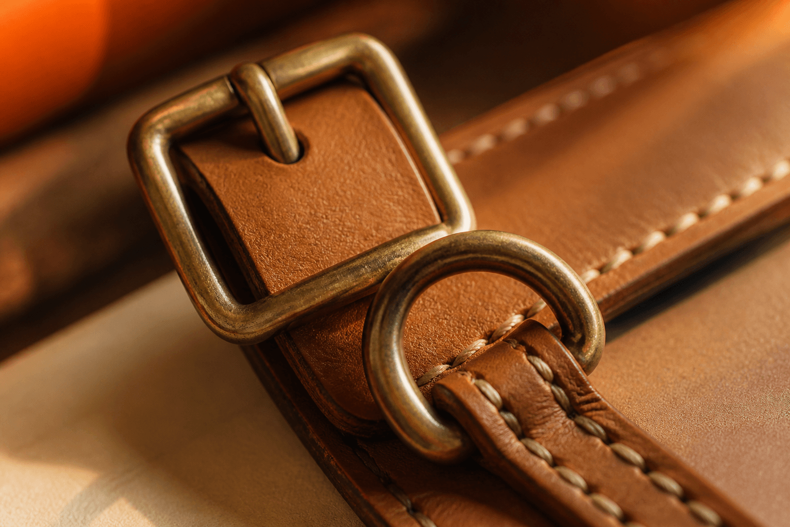 Close-up of a solid brass buckle and D-ring on a tan leather strap with visible saddle stitching