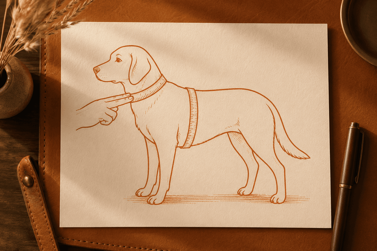 Diagram of a dog in profile with a measuring tape around the neck and a second tape around the chest behind the front legs