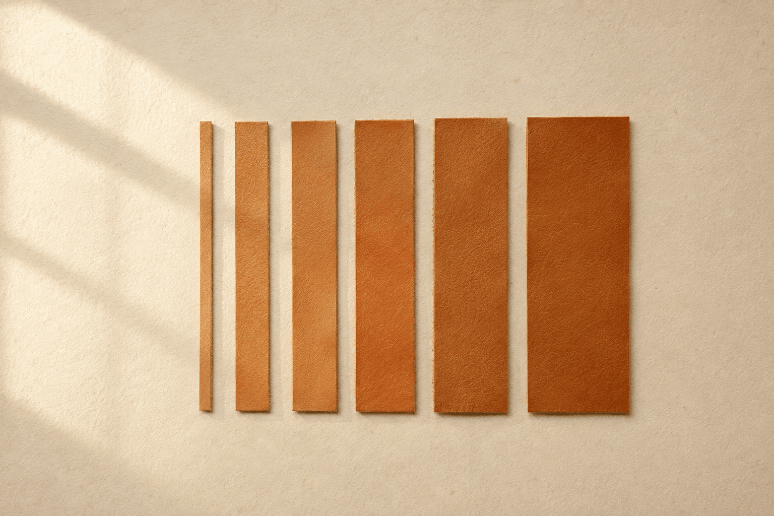 Six strips of tan leather laid side by side in increasing width, from very narrow to very wide