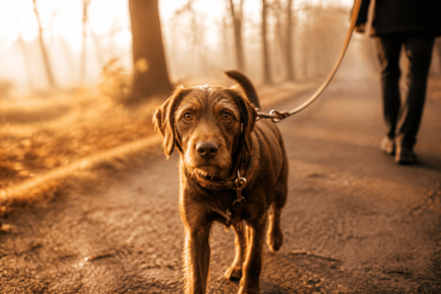 A brown dog walking on a tan leather lead along a misty tree-lined path at sunrise, the owner visible only as a silhouette from behind