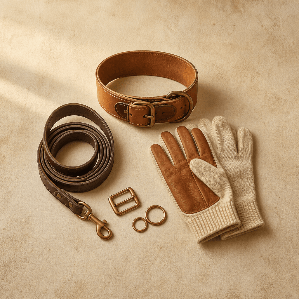 A wide leather collar, long lead, leather-palmed gloves and spare brass fittings