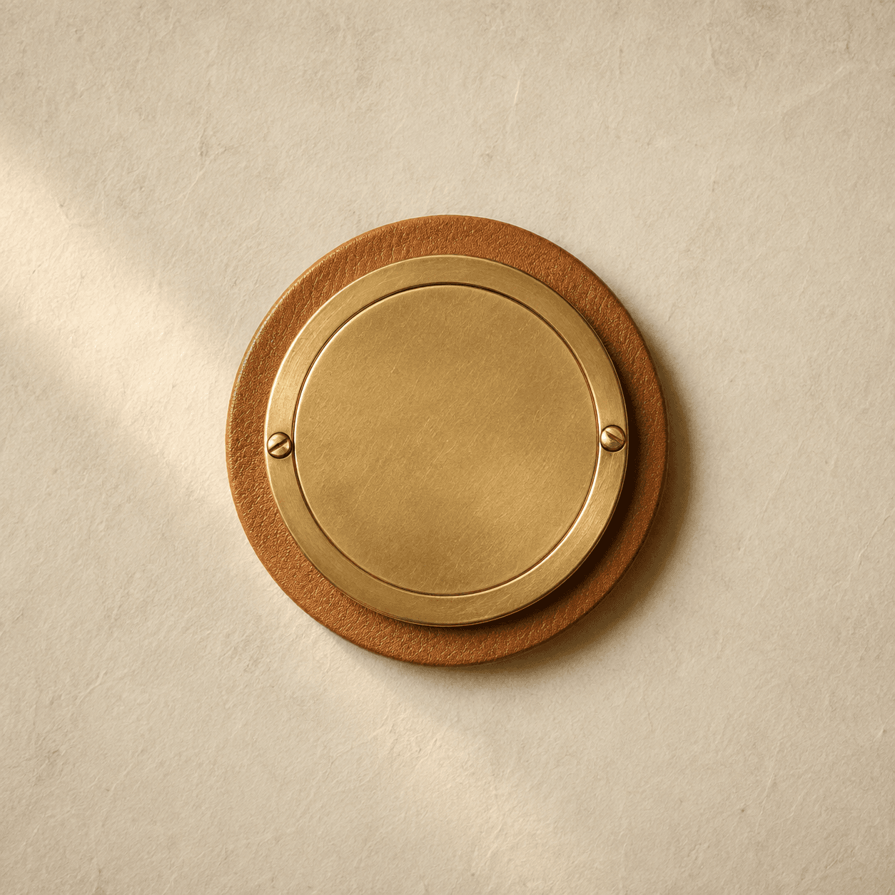 A round brass tag holder with a tan leather backing disc and two small screws