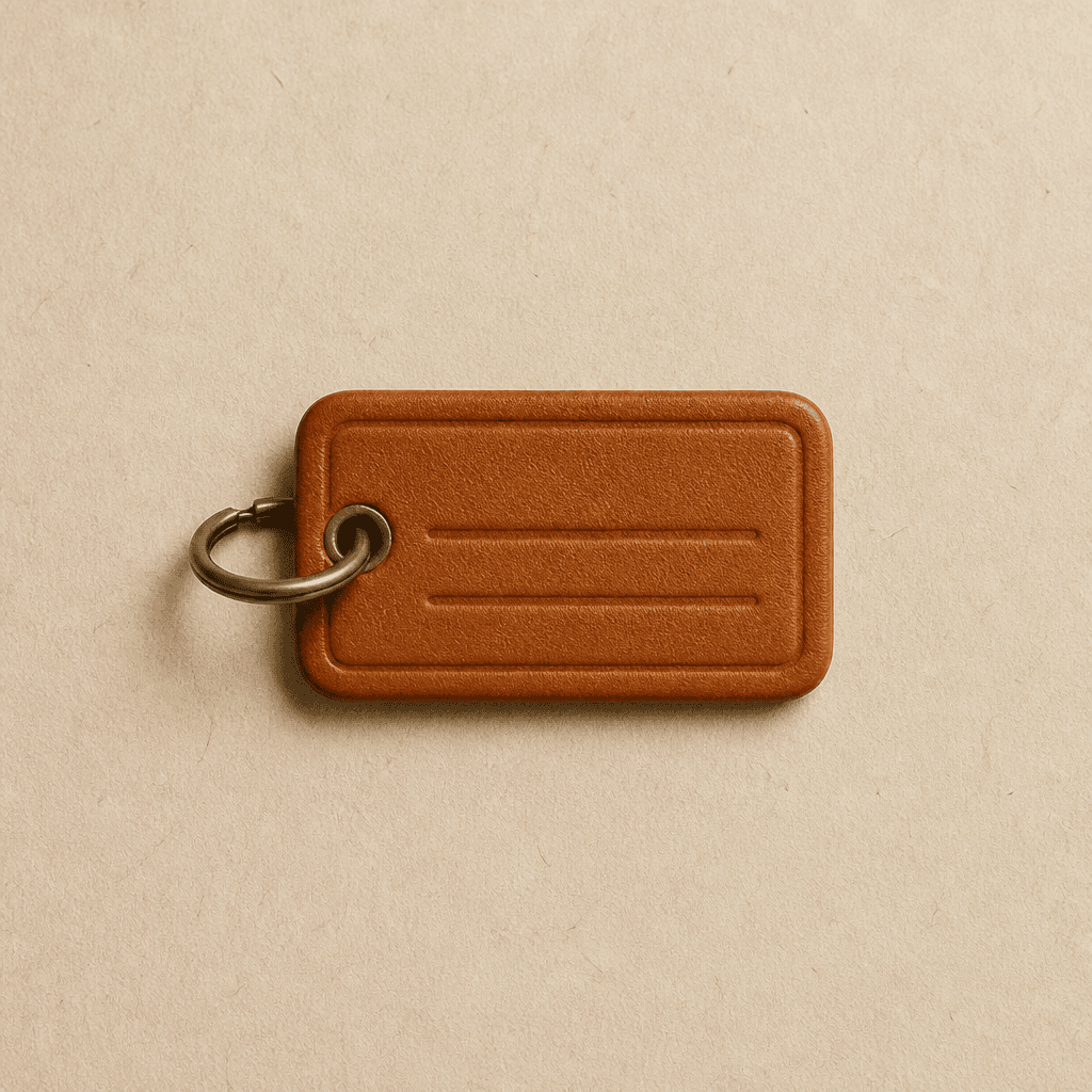 A tiny rectangular leather cat tag stamped with two short lines of text