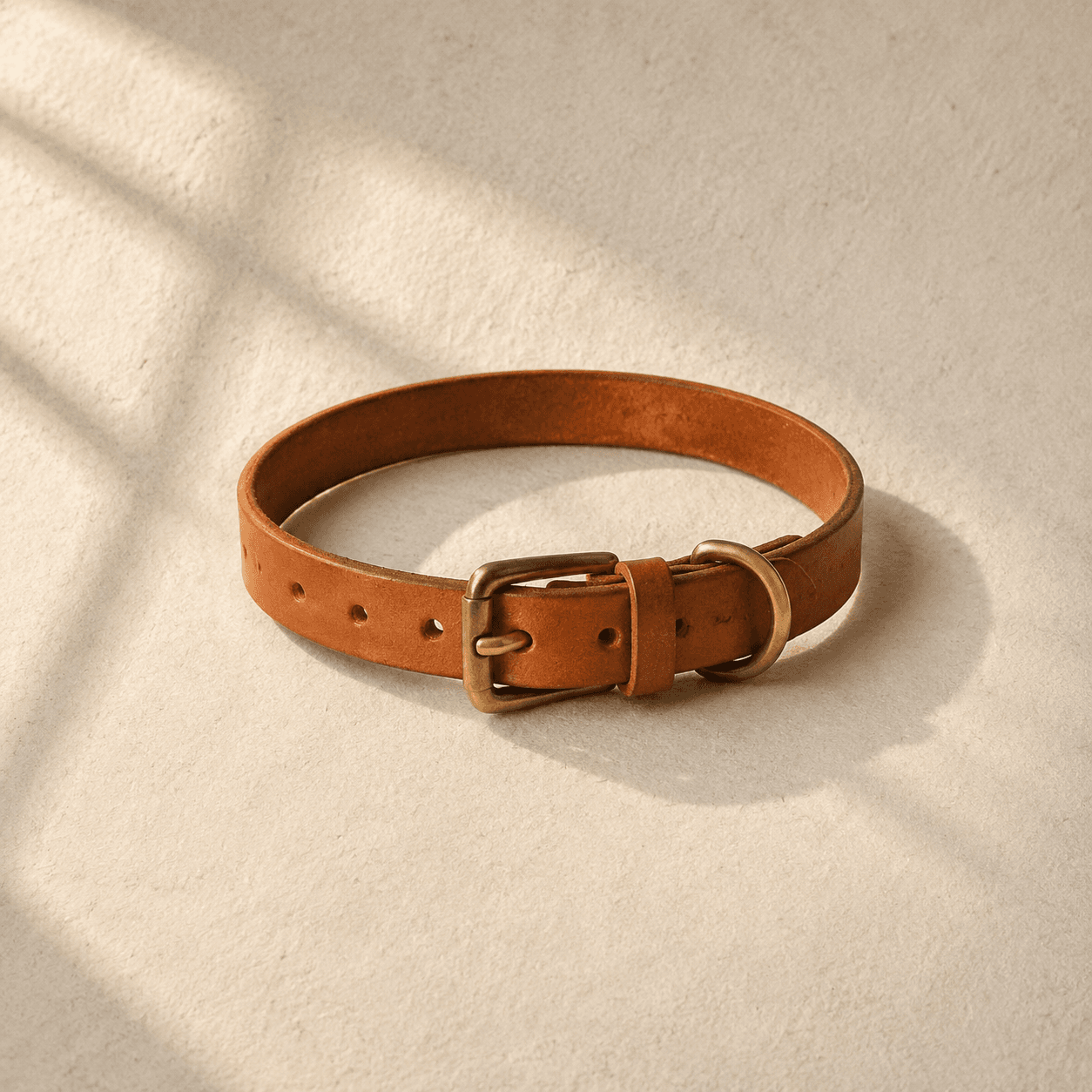 A 20 mm oiled leather dog collar in warm tan with a brass buckle, laid flat on cream paper