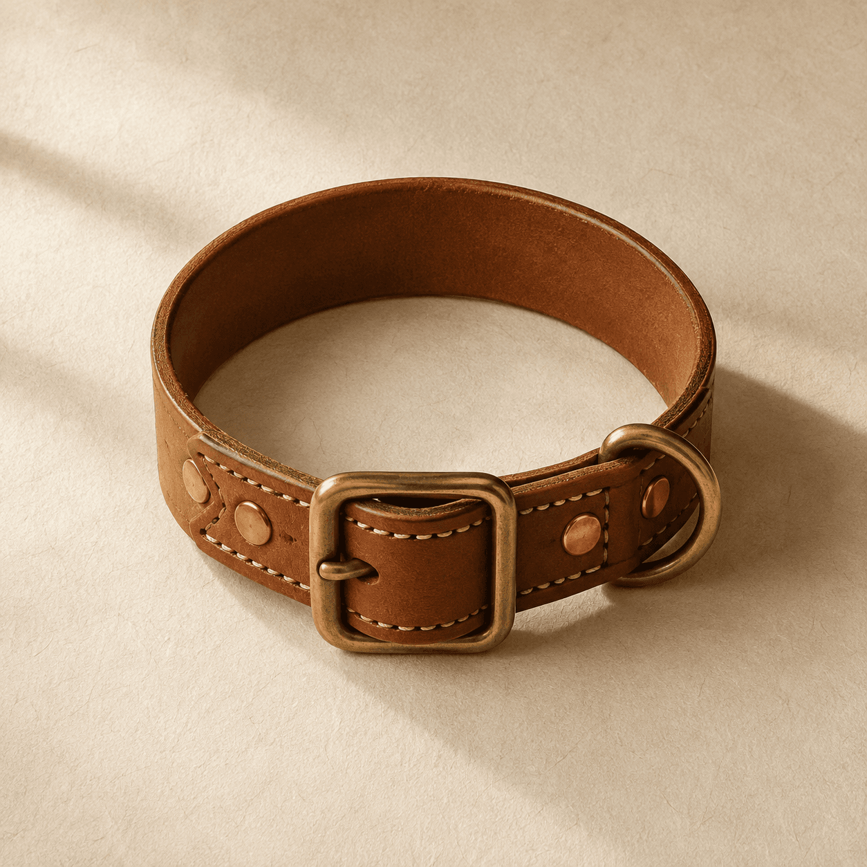 A wide 30 mm tan leather collar with double stitching and brass hardware on a cream surface