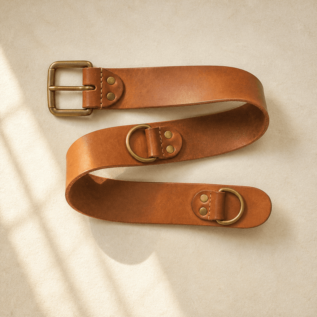 A wide 40 mm tan leather belt with two brass rings set at the hips