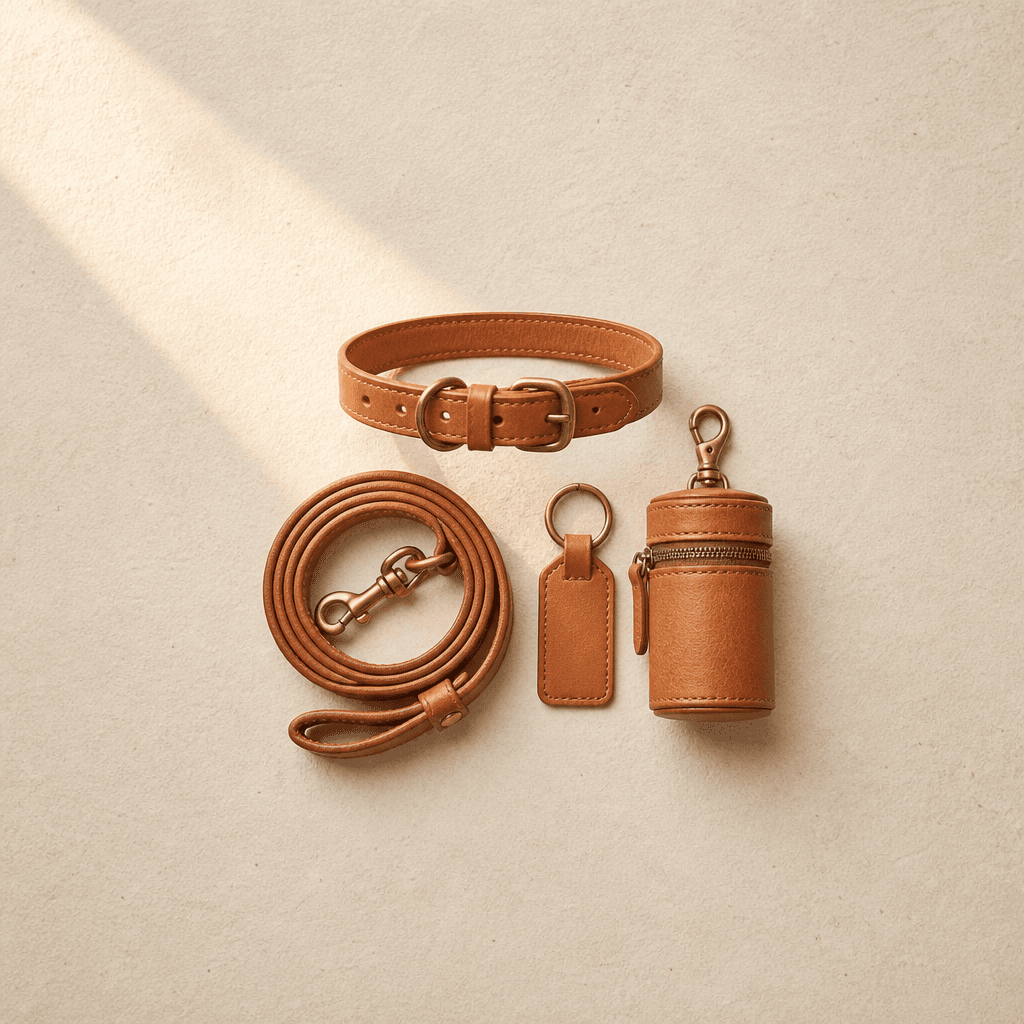 A small leather collar, short lead, stamped name tag and waste bag case arranged together
