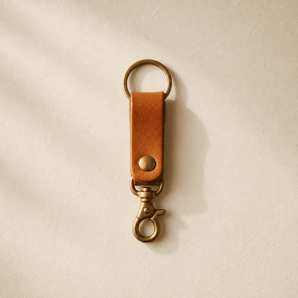 A folded tan leather key fob with a brass ring and small snap hook