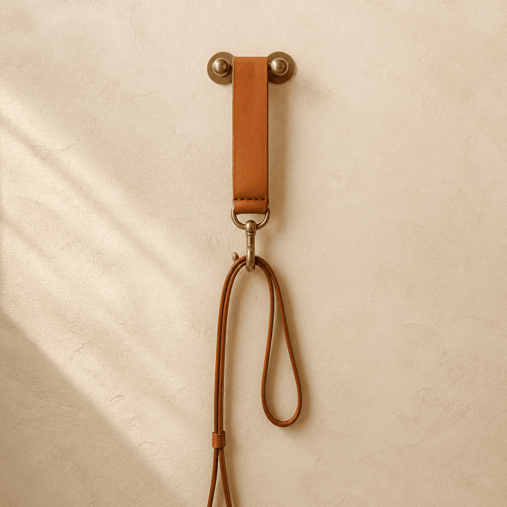 A tan leather strap with a brass hook mounted on a pale wall, holding a lead