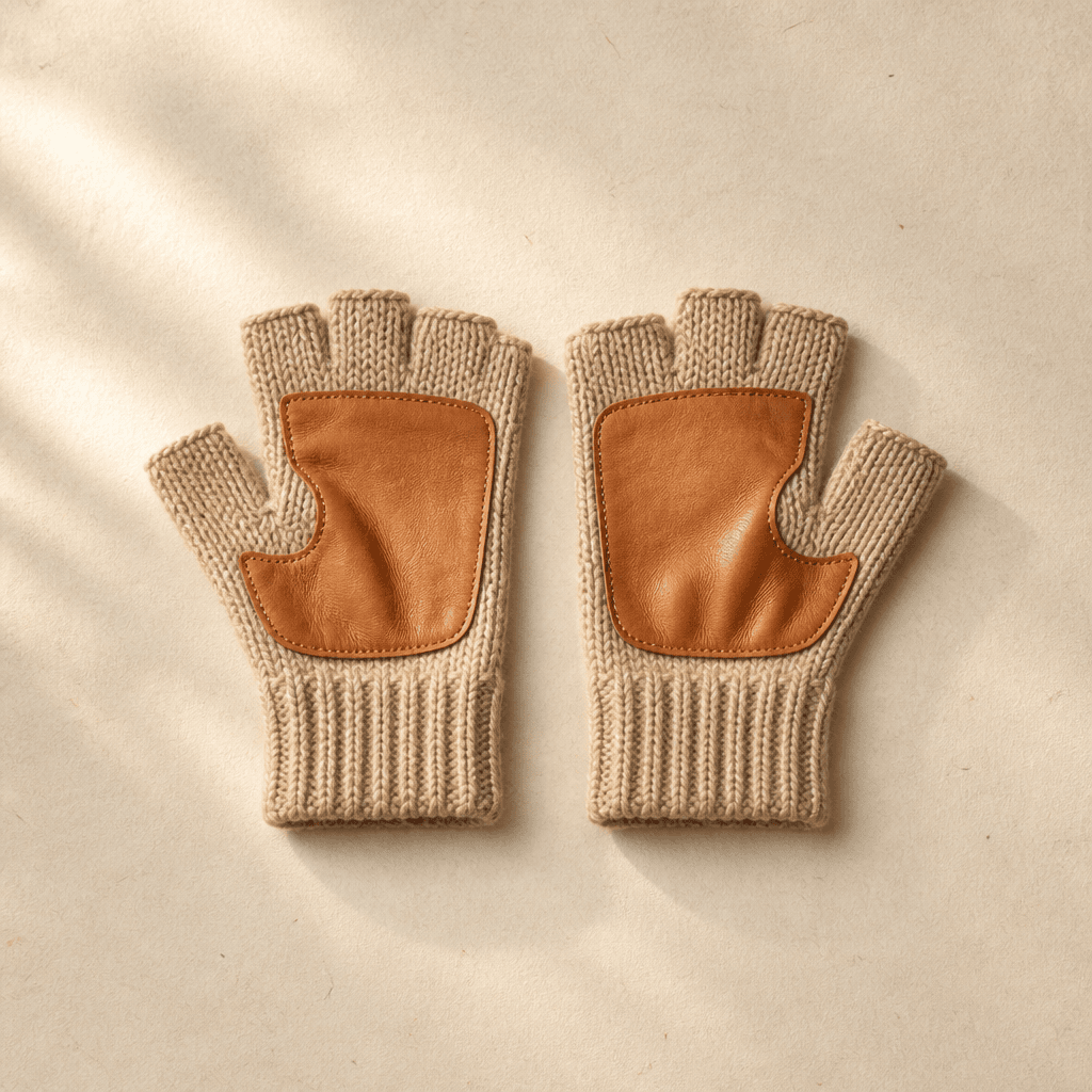 A pair of fingerless knit gloves with tan leather palm patches