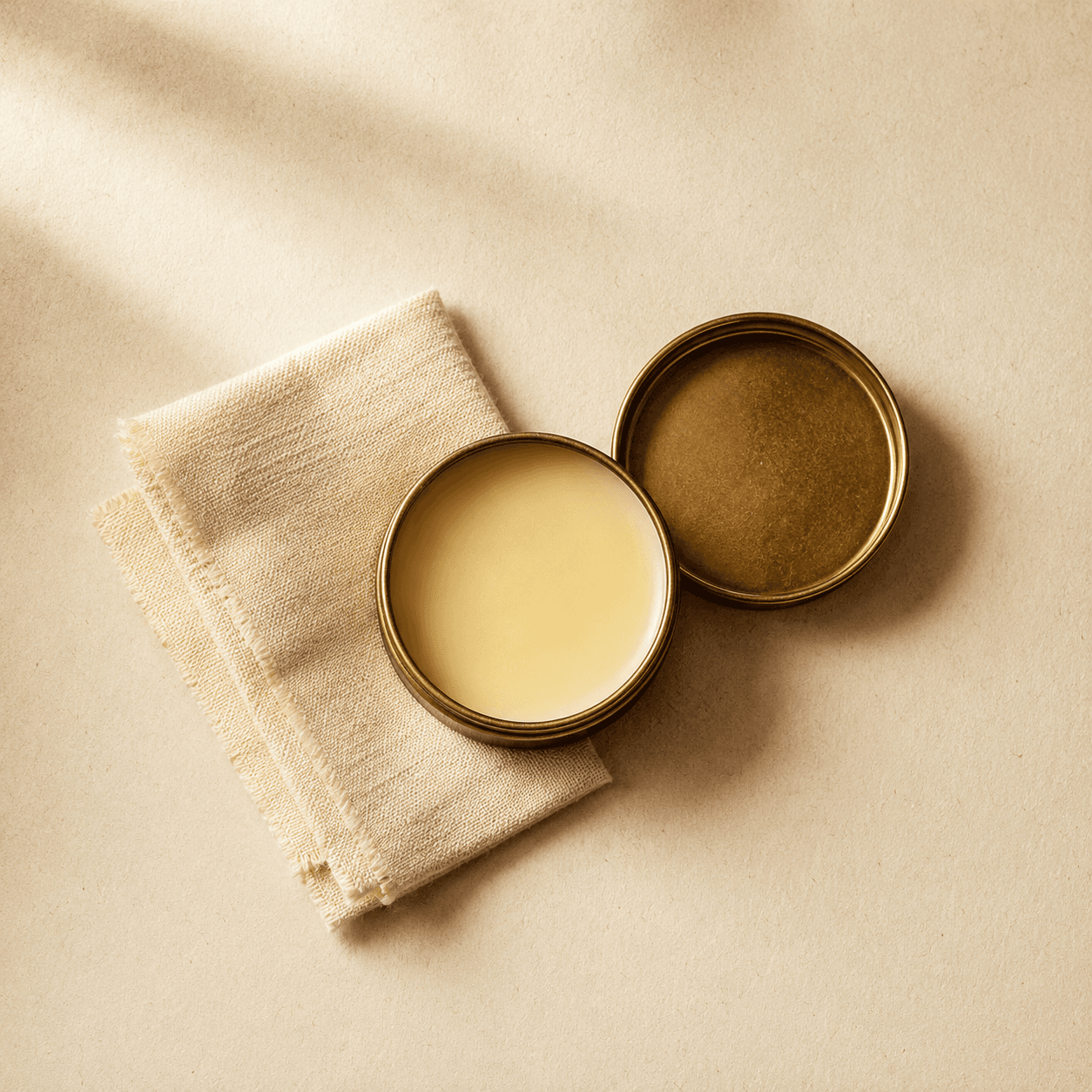 A small tin of leather balm beside a folded cotton cloth on cream paper