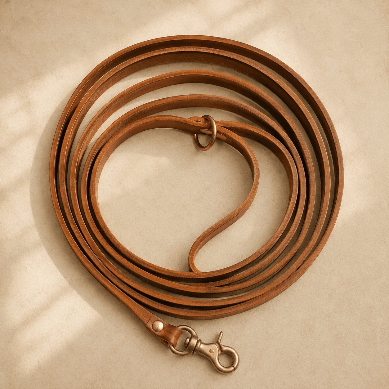 A long three-metre narrow leather line coiled into wide loops with a brass snap