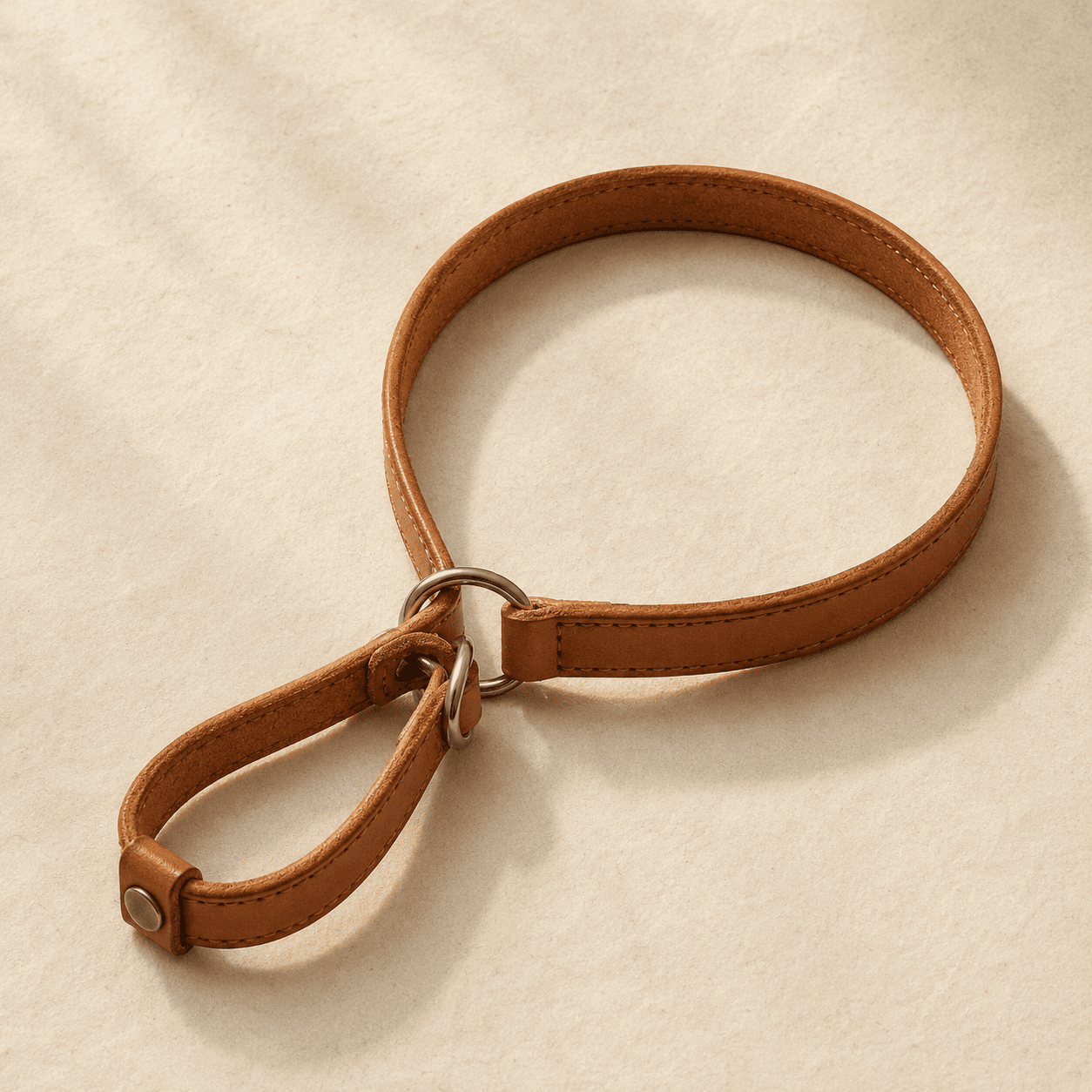 A tan leather martingale collar with a smaller control loop and a visible riveted stop