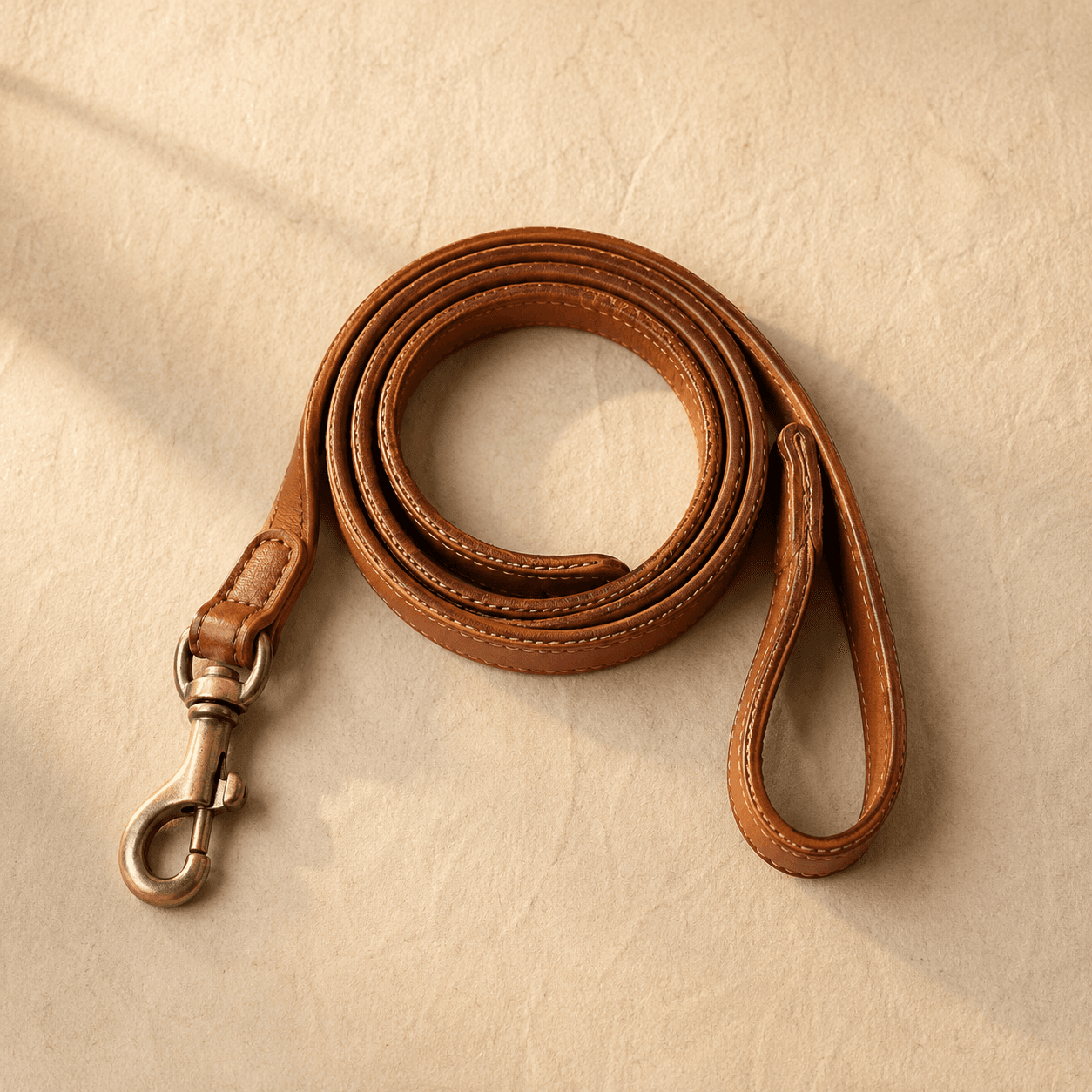 A round rolled leather lead in mid-tan with a brass swivel snap, arranged in loose coils