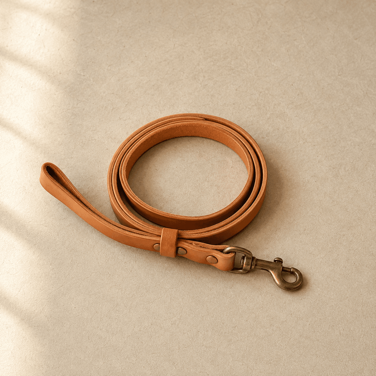 A slim 12 mm light tan leather lead with a small brass swivel snap