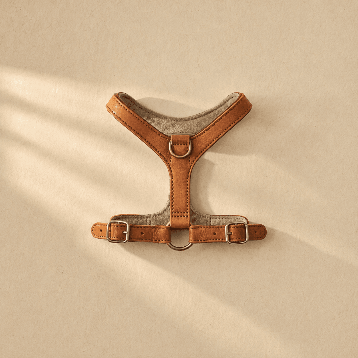 A small tan leather Y-front harness with narrow straps and felt lining