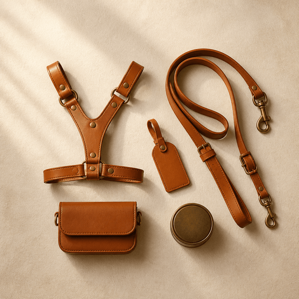 A leather Y-harness, adjustable lead, name tag, cross-body pouch and a tin of balm