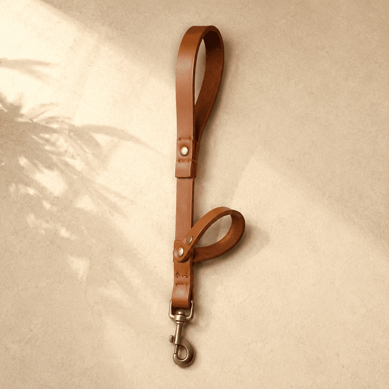 A short leather lead with a second close-in handle above the brass snap