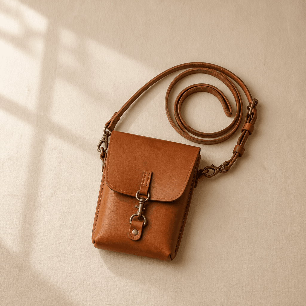A small tan leather cross-body pouch with a flap and adjustable strap