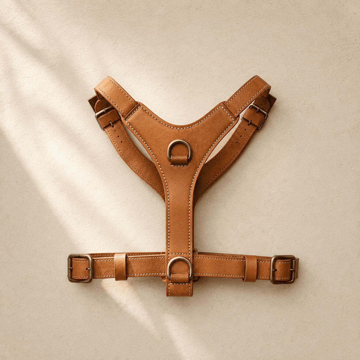 A tan leather harness with a stainless ring on the back and a second ring on the chest strap