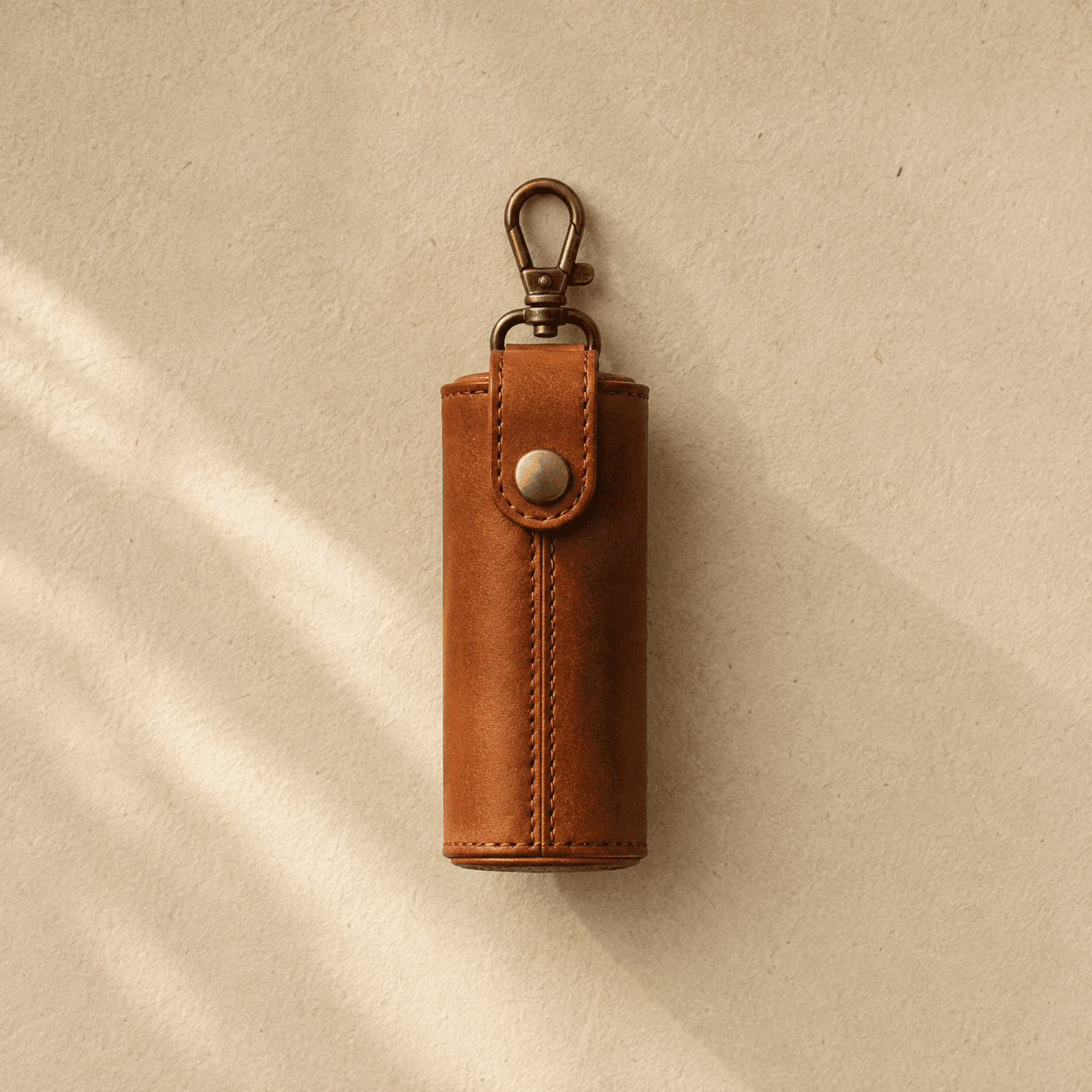A cylindrical leather waste bag case with a brass press stud and snap clip