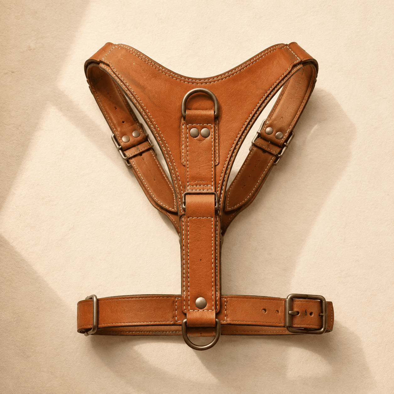 A large tan leather Y-front harness with wide chest strap and reinforced back plate