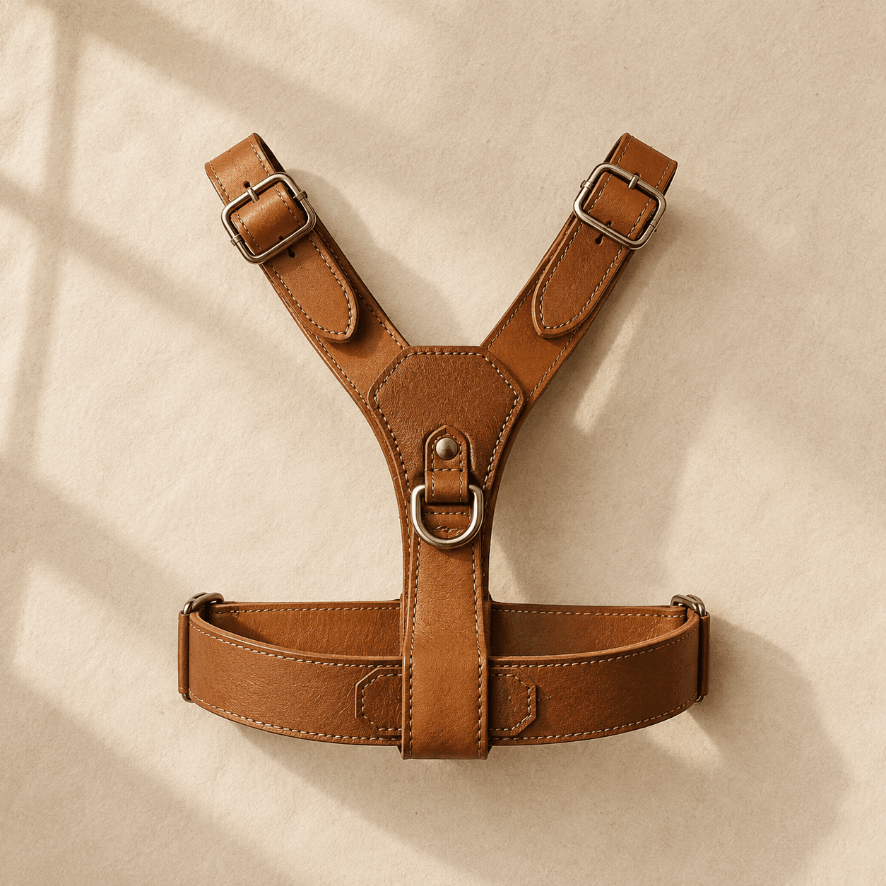 A medium tan leather Y-front harness with two adjustment buckles and a back D-ring