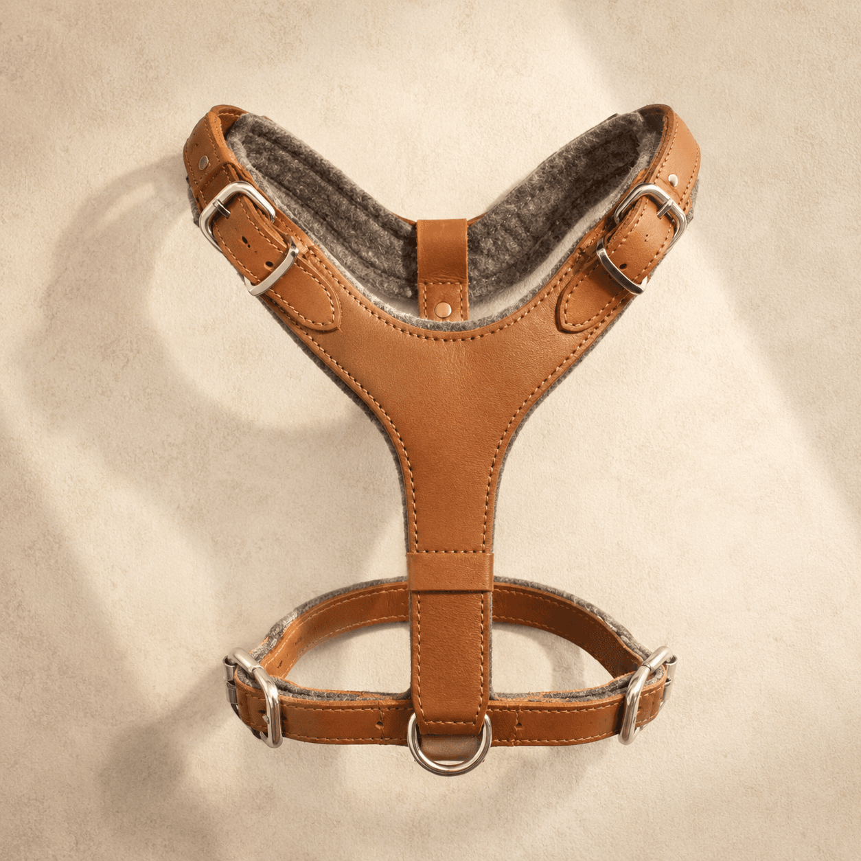 A small tan leather Y-front dog harness with felt lining and stainless steel fittings