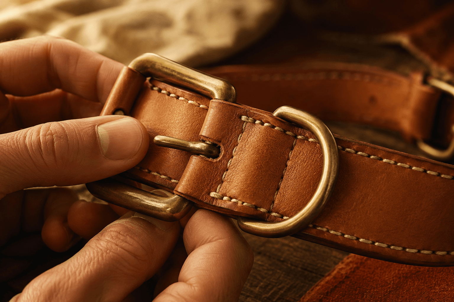 A pair of hands checking the brass buckle and stitching of a tan leather collar, no face visible