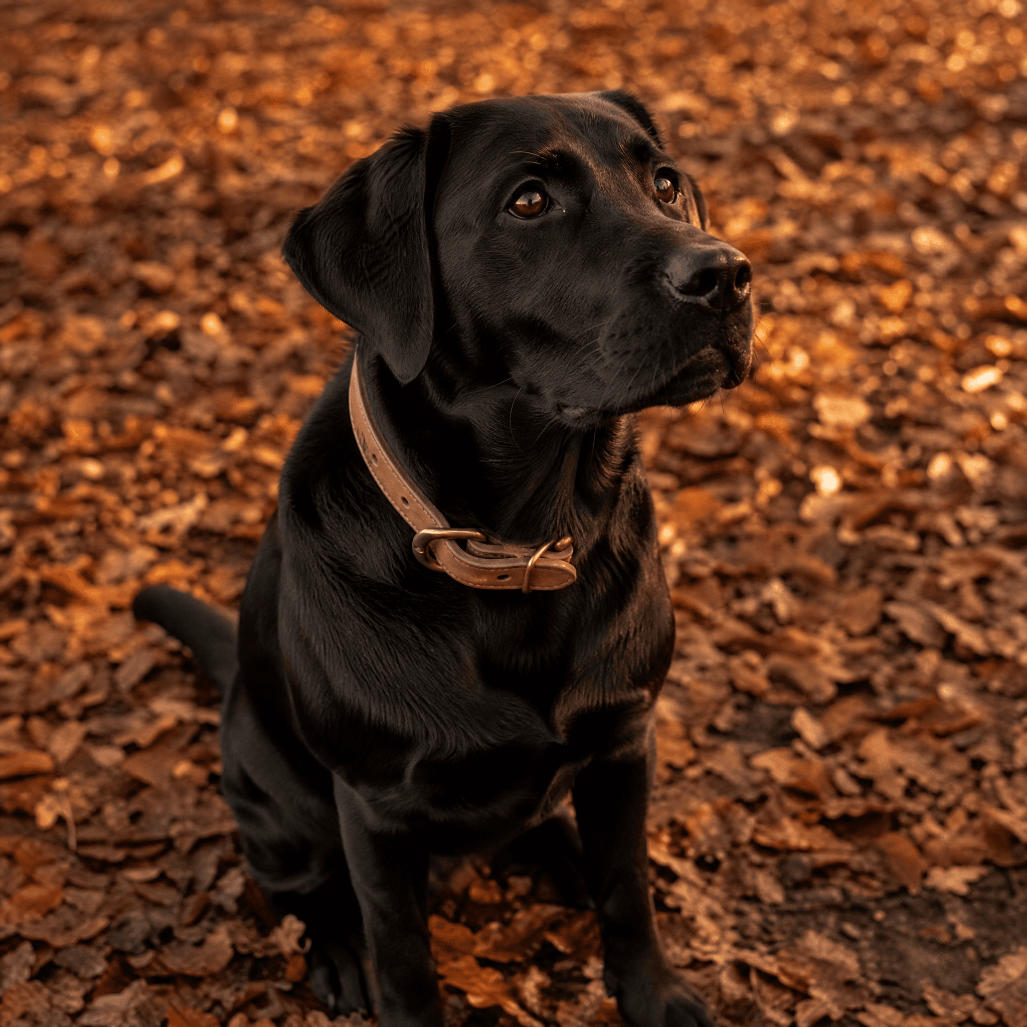 A black labrador sitting on wet autumn leaves, wearing a 30 mm tan leather collar