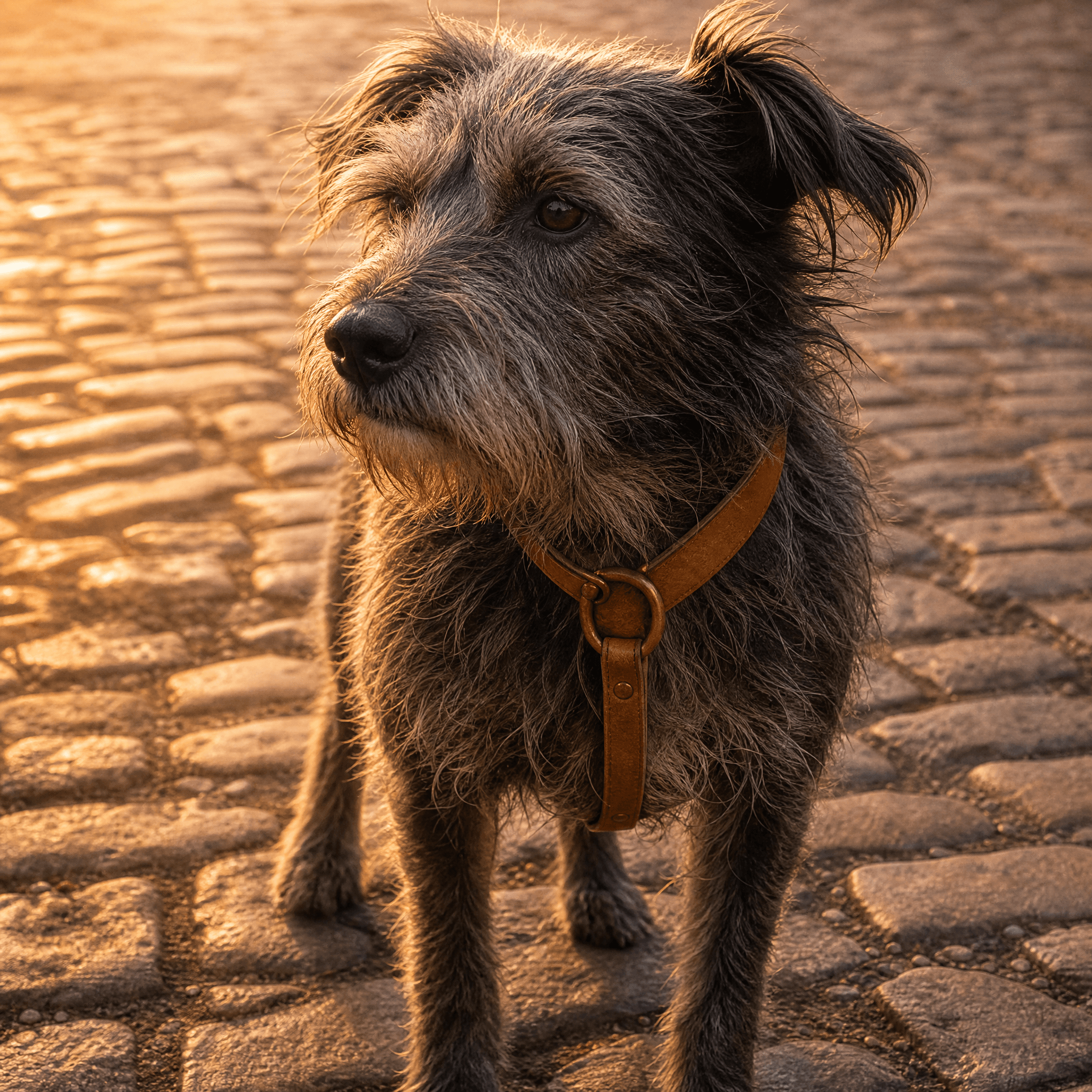 A scruffy grey terrier standing on a cobbled street in a narrow tan leather collar