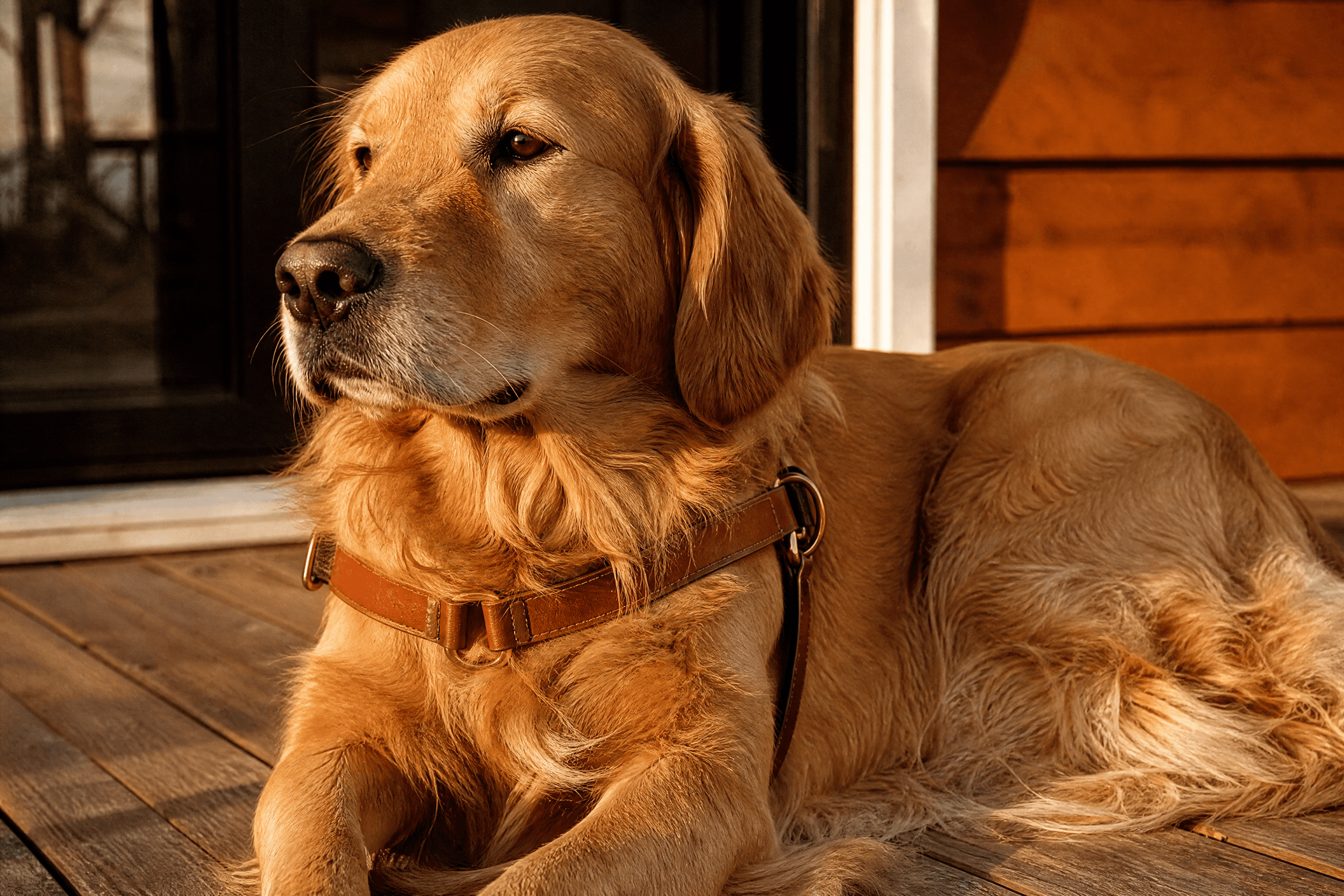 A golden retriever lying on a wooden porch with a leather harness across its chest