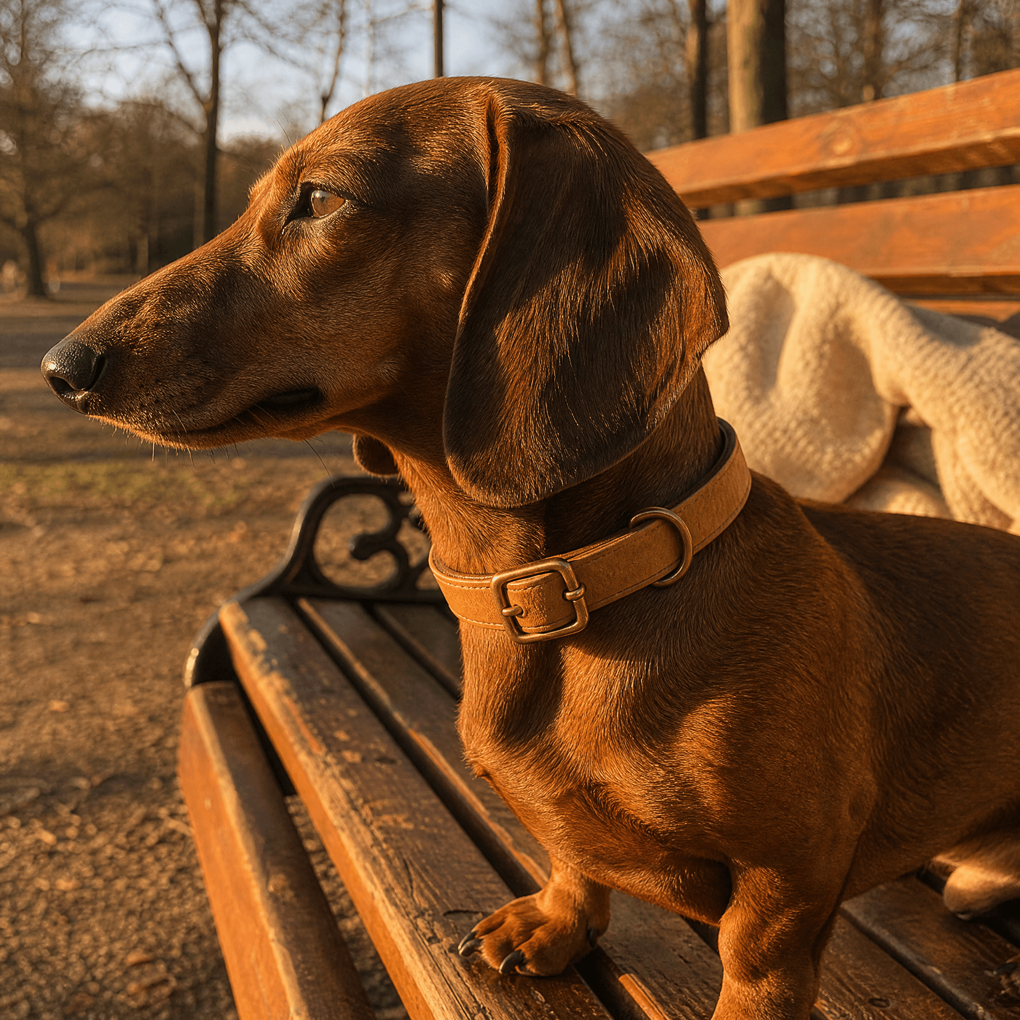 A dachshund sitting sideways on a park bench in a narrow tan collar with a small tag