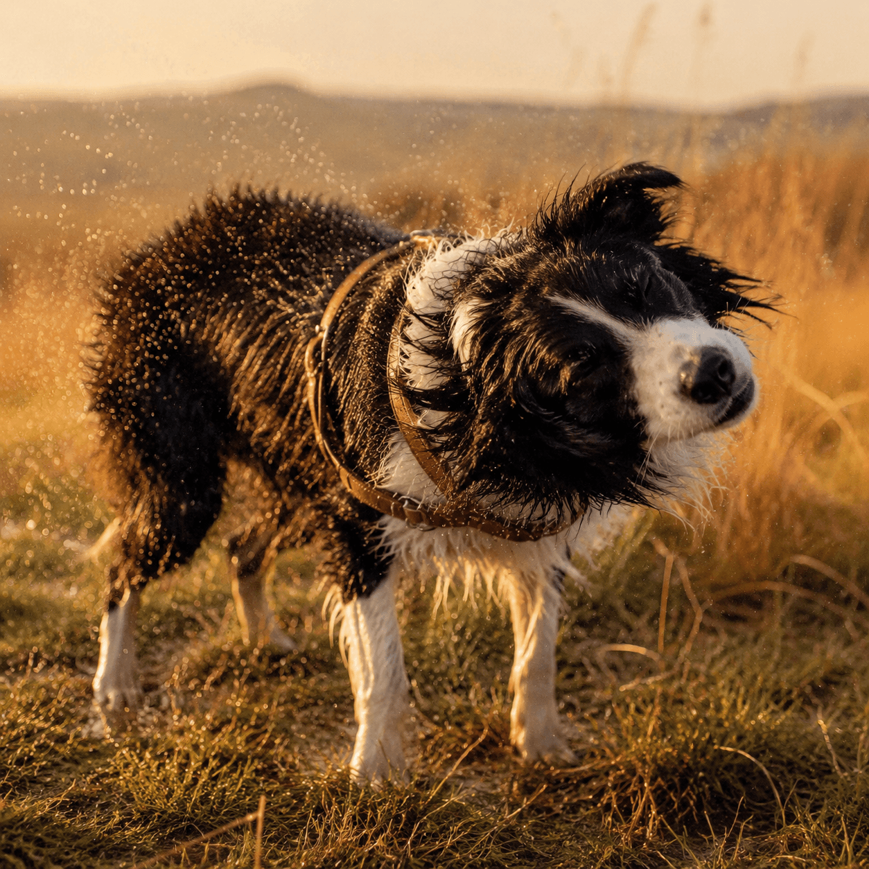 A border collie shaking itself dry in long grass, wearing a rolled round leather collar