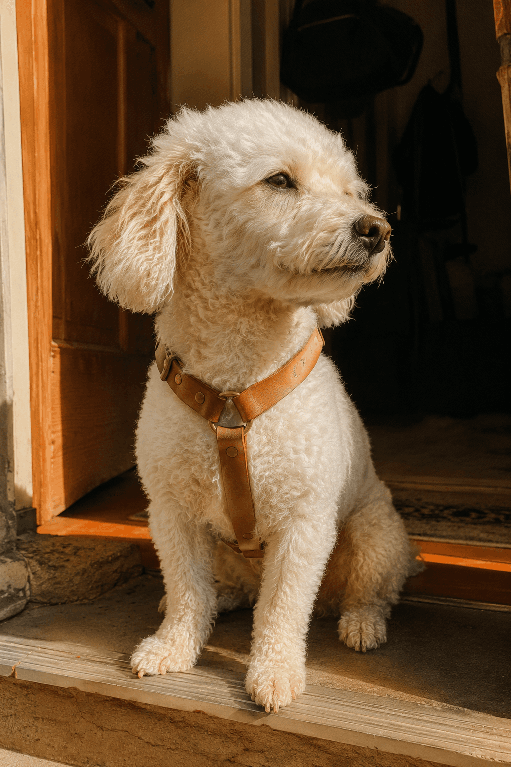 A white poodle mix sitting in a doorway wearing a felt-lined leather collar