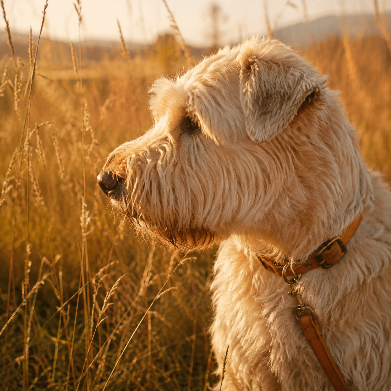 A shaggy wheaten terrier standing in tall meadow grass in a mid-tan leather collar