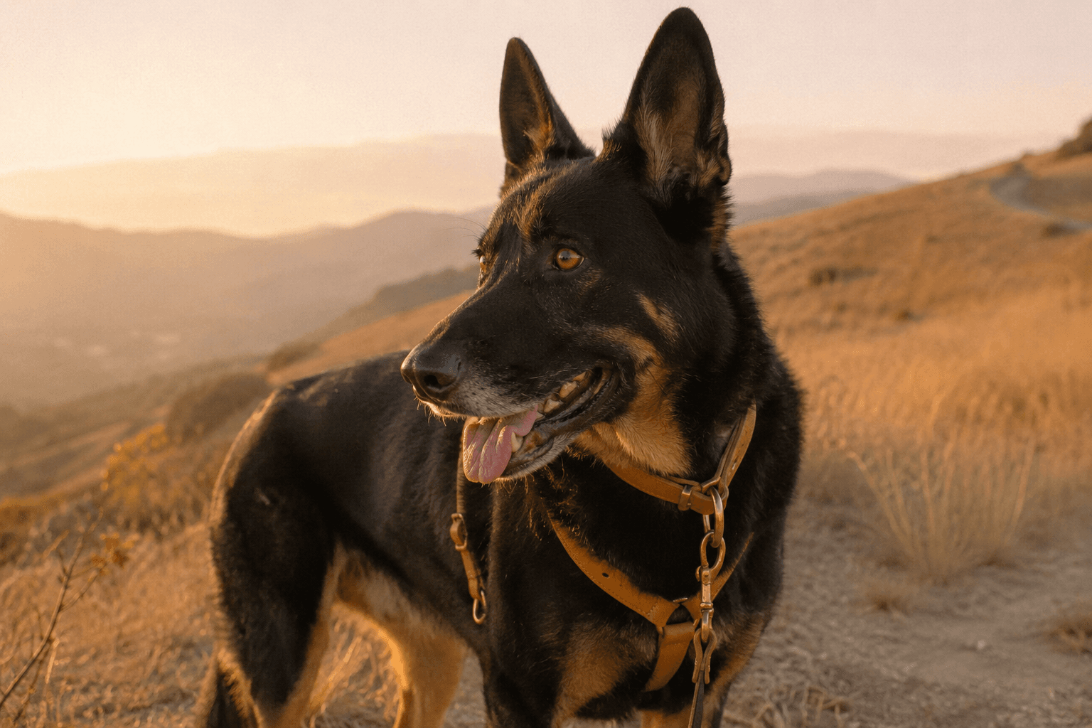 A black and tan shepherd standing alert on a hillside wearing a leather Y-harness
