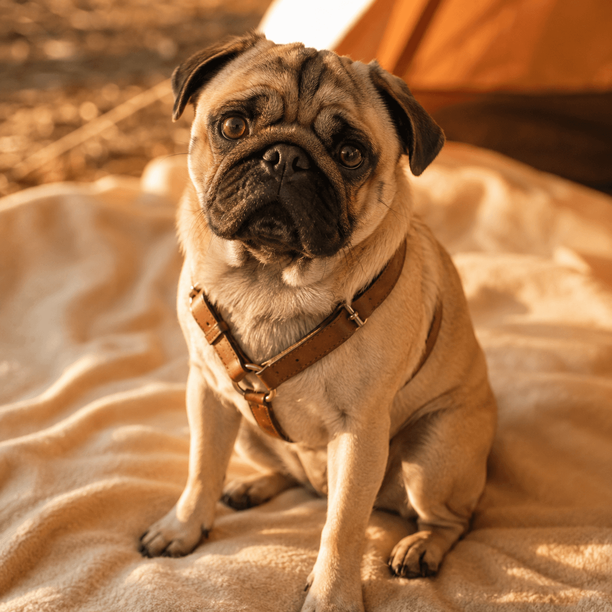 A small brown pug sitting on a cream blanket in a narrow leather step-in harness