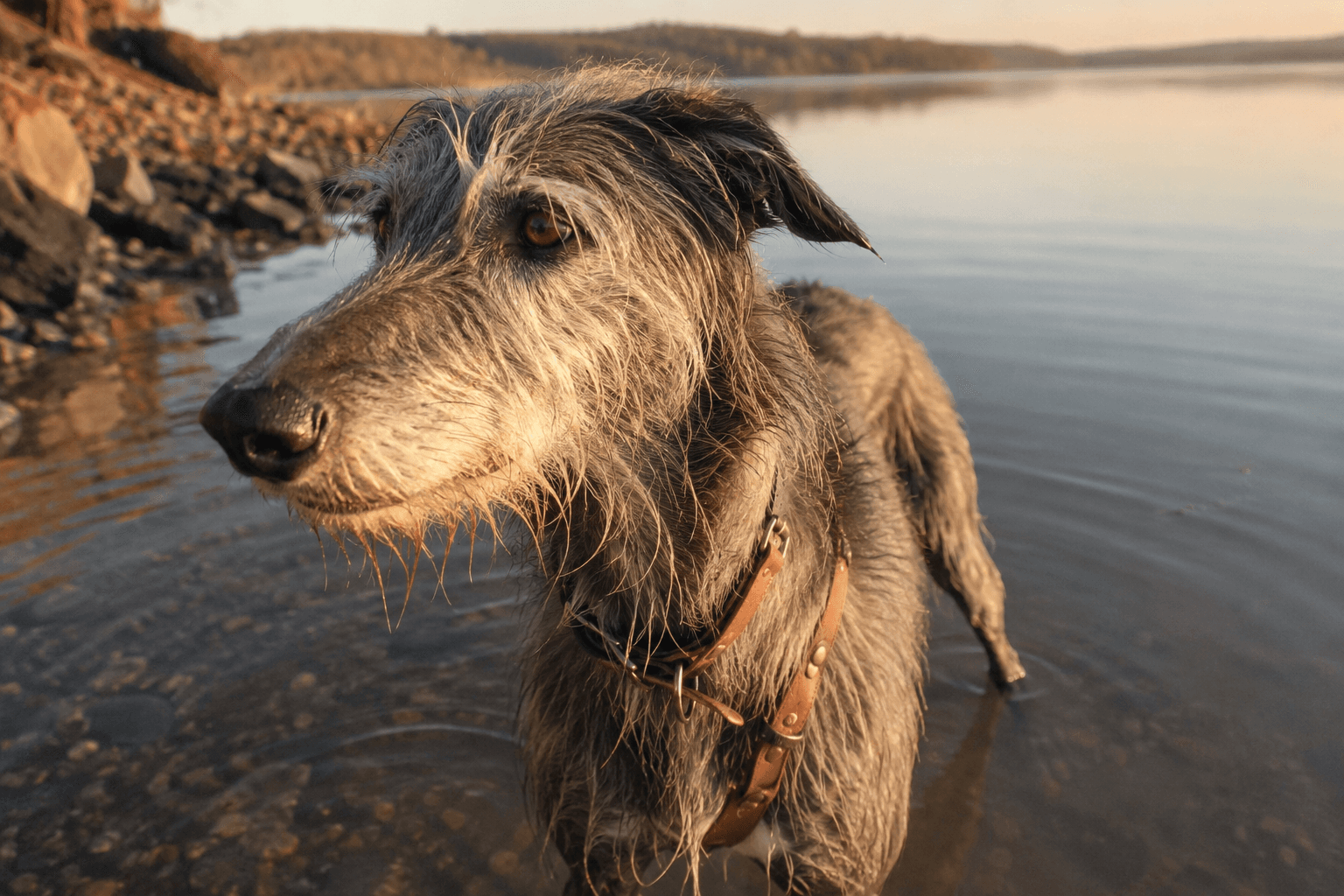 A wiry lurcher standing in shallow lake water on a long narrow leather line