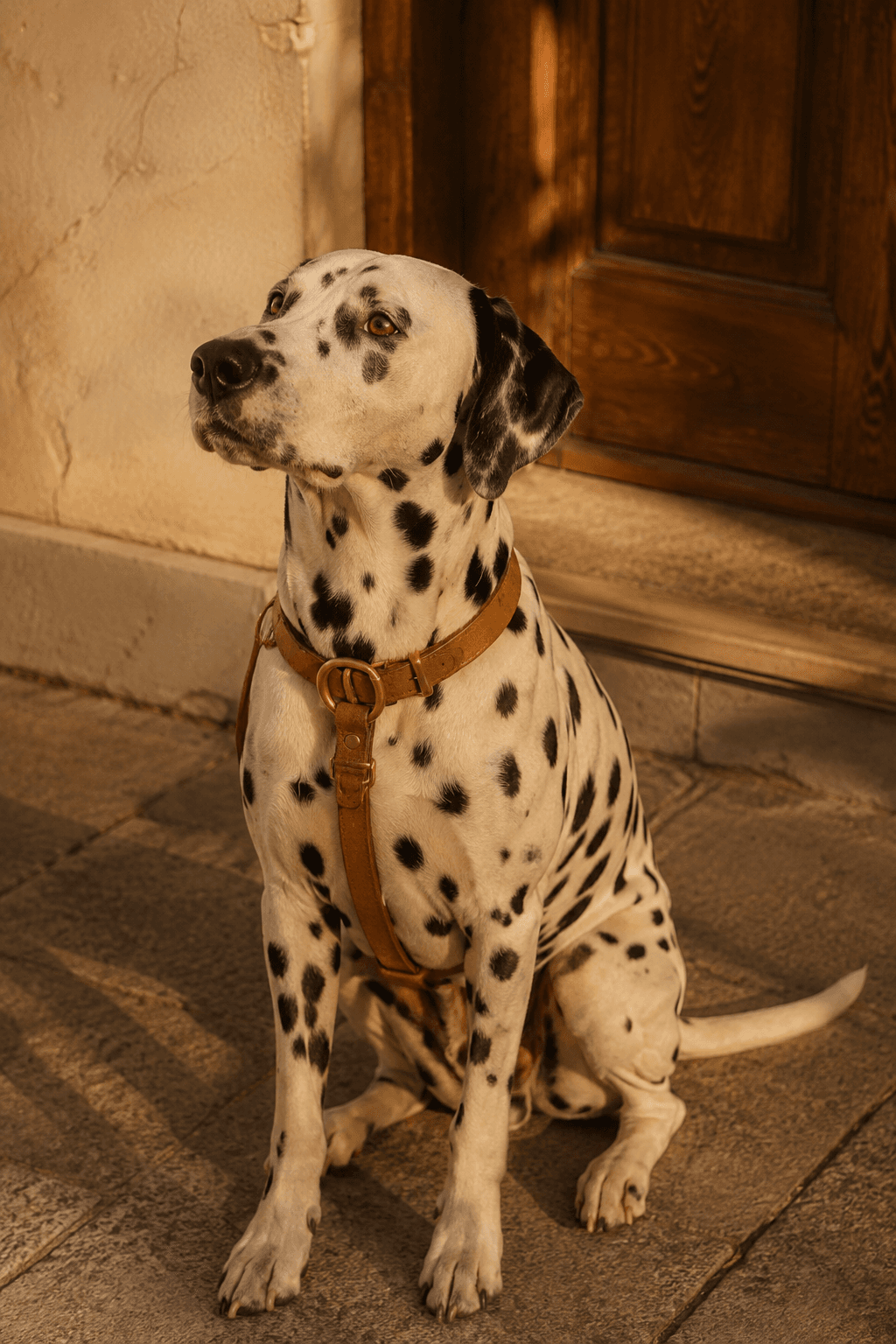 A spotted dalmatian sitting on a sunlit pavement wearing a 30 mm tan collar