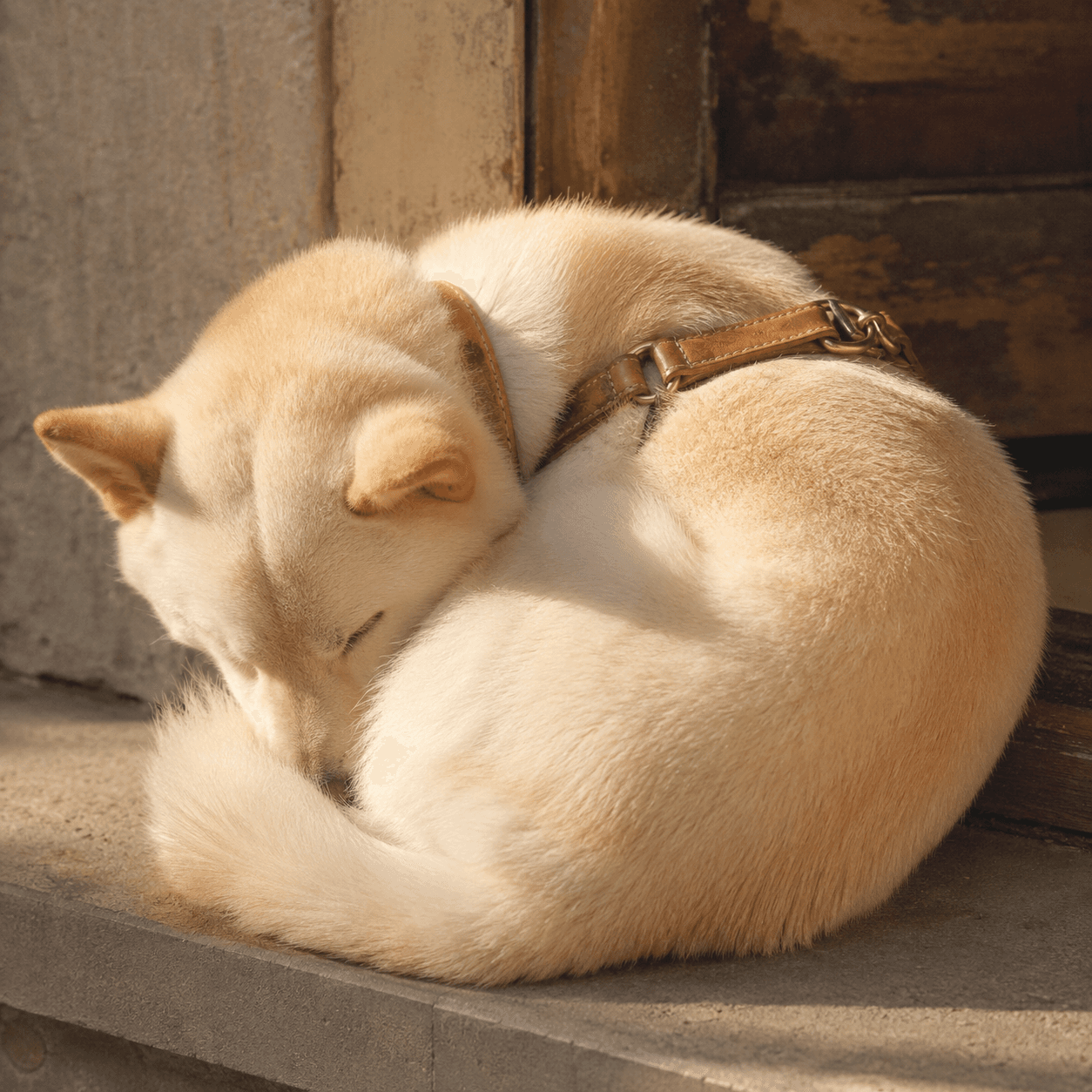 A cream coloured spitz curled up on a doorstep with a rolled leather collar