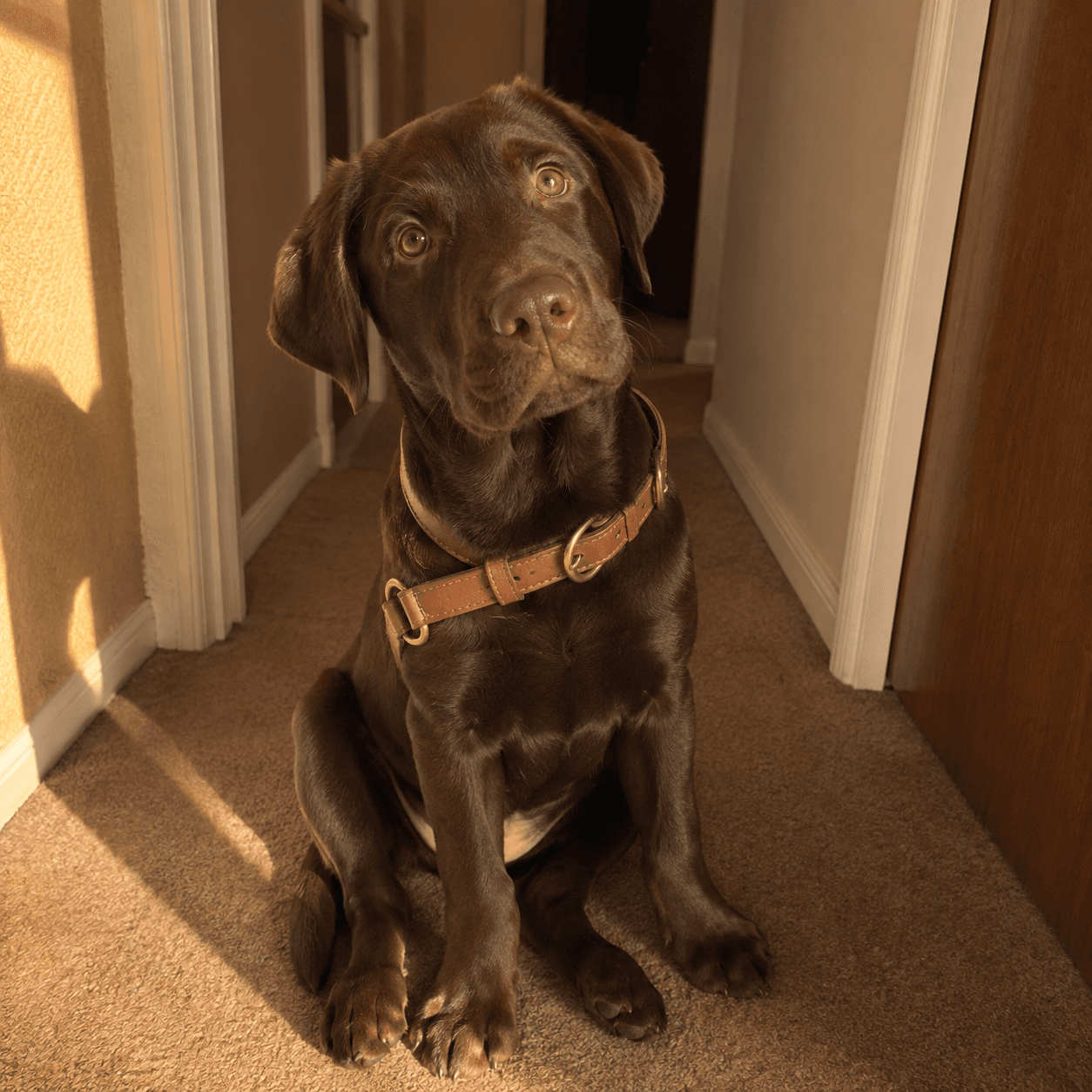 A chocolate labrador puppy sitting in a hallway wearing a narrow adjustable collar