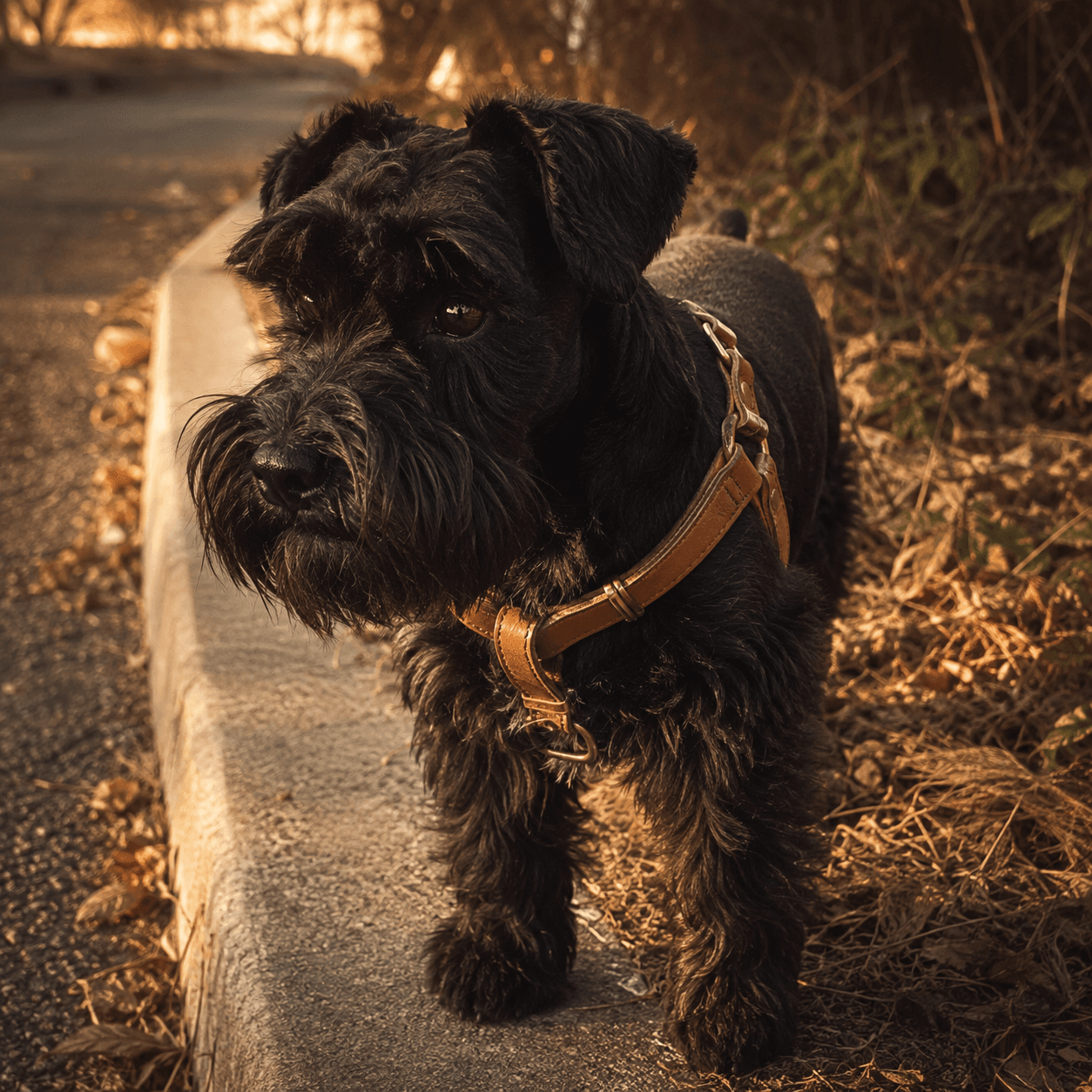 A small black schnauzer standing on a kerb in a slim leather collar with a tag