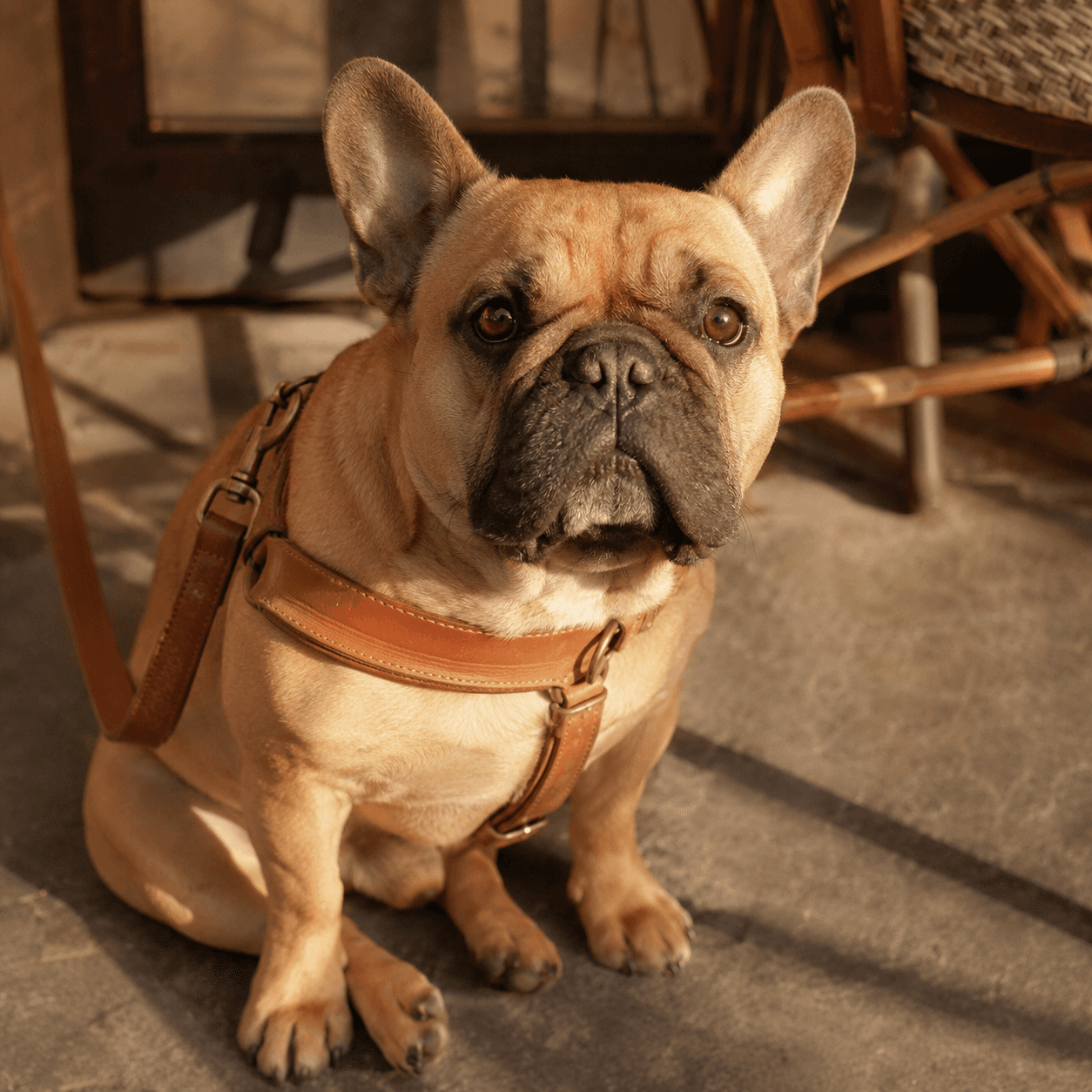 A tan french bulldog sitting on a cafe terrace floor in a leather step-in harness