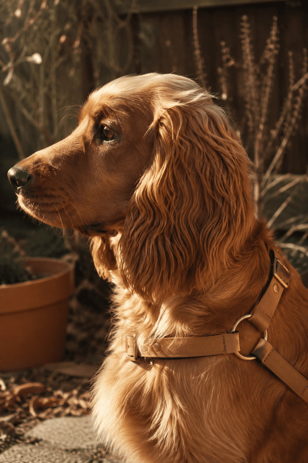 A long-eared spaniel looking sideways in a garden, wearing a felt-lined collar